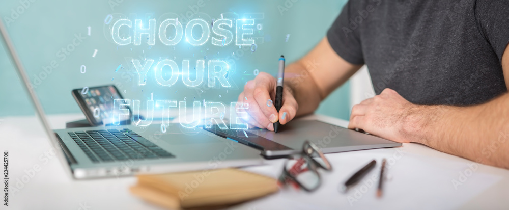 Graphic designer using future text interface 3D rendering