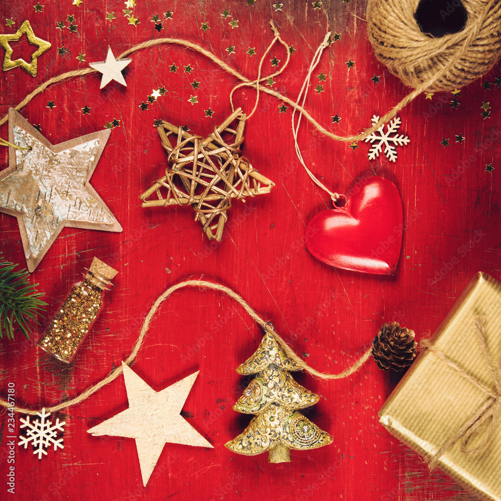 Christmas decorations background - top view, flat lay