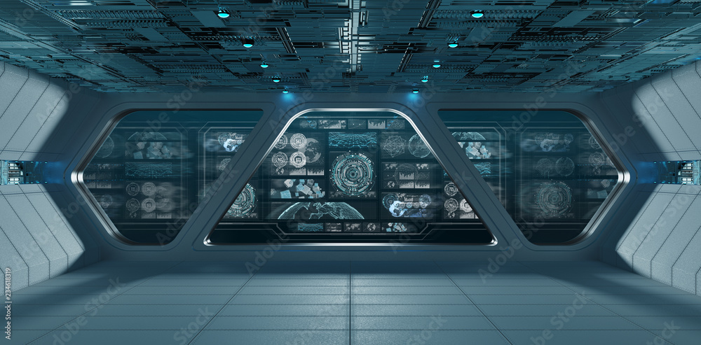 Blue spaceship interior with control panel screens 3D rendering