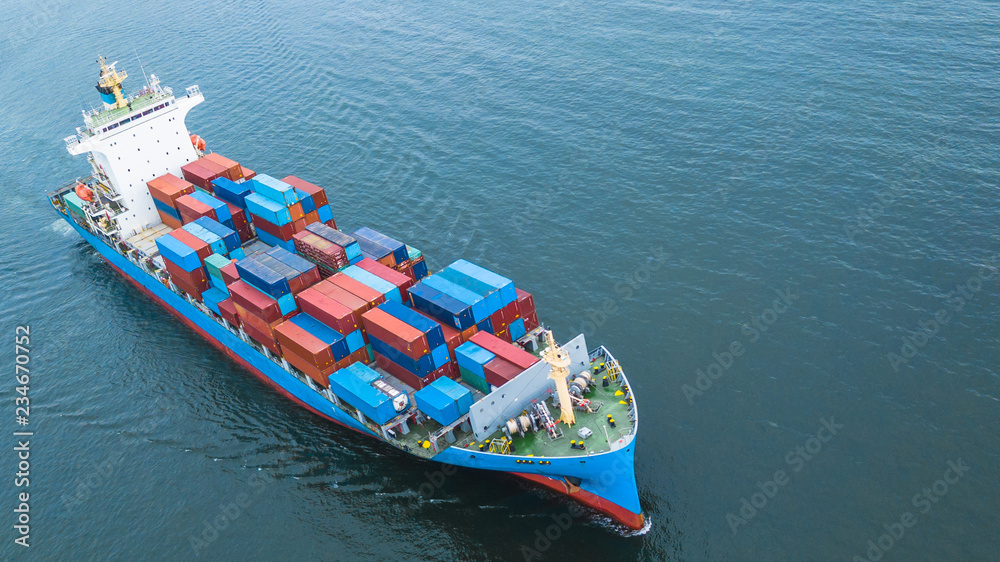 Aerial view container cargo ship, business freight shipping international by container cargo ship in