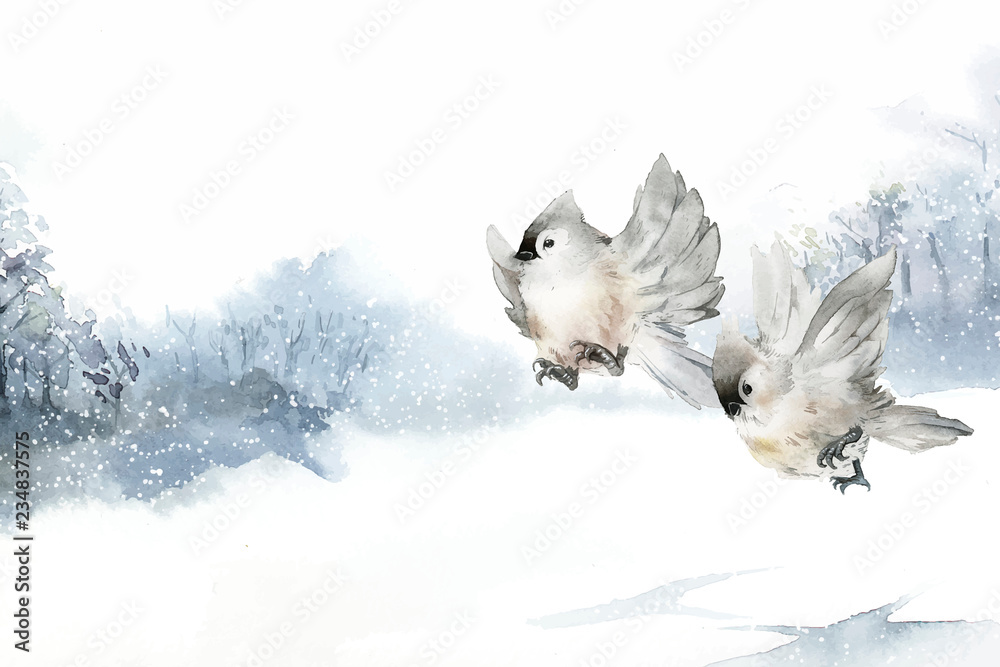 Tufted titmouse bird in wintertime watercolor vector