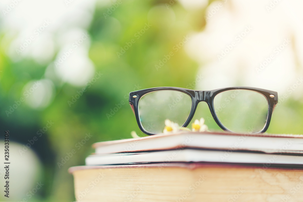 Books and eyeglasses with nature background.