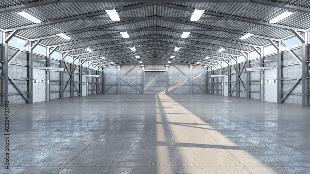 Hangar interior with gate. 3d illustration