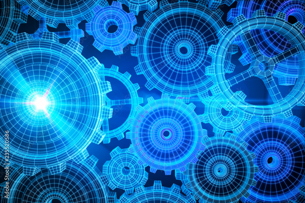 Glowing blue cogwheels background