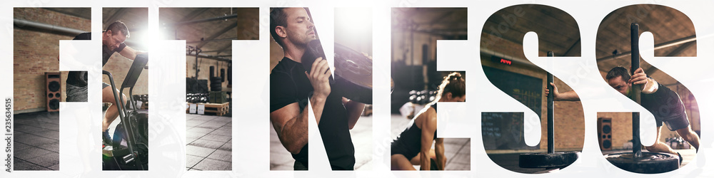 Collage of a fit man working out with gym equipment