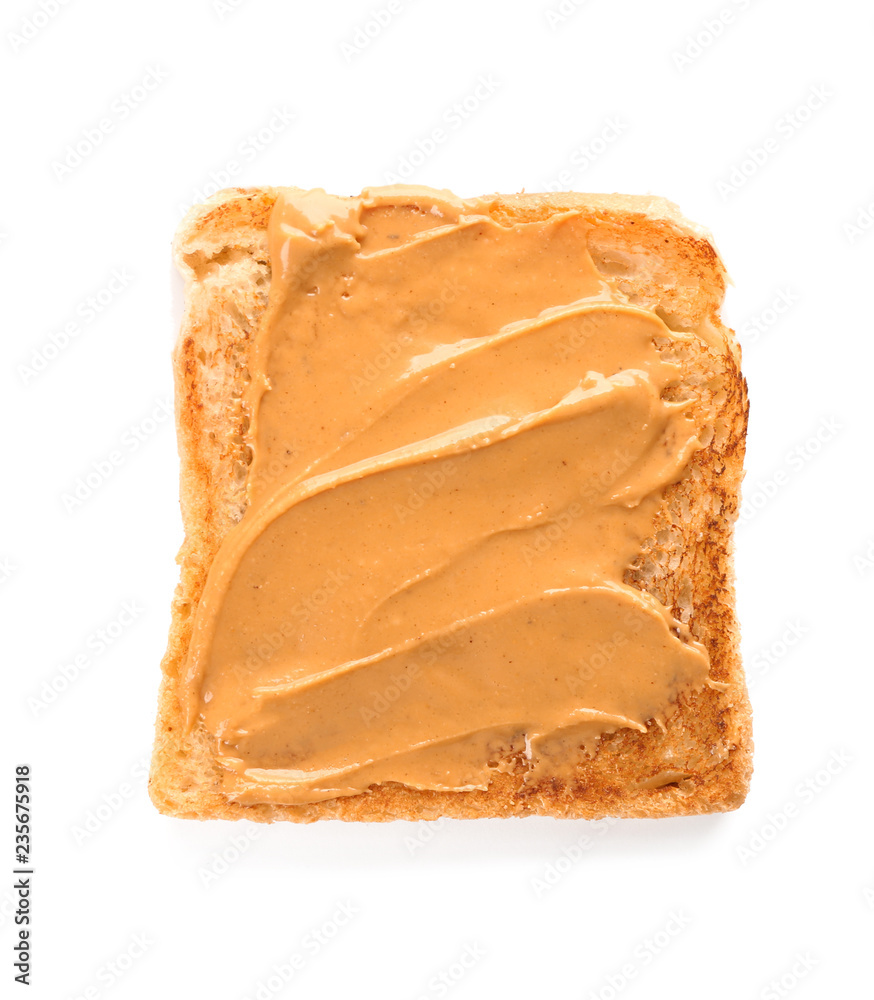 Toasted bread with peanut butter on white background