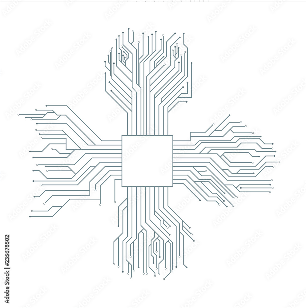 矢量插图，电路板和金色发光芯片