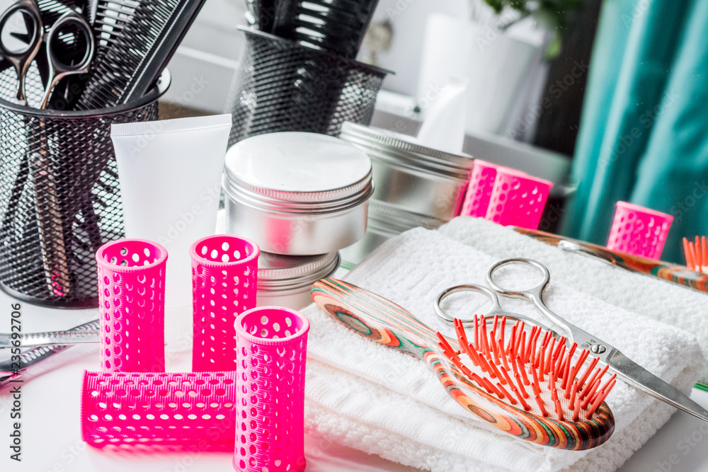 hairdresser working desk preparation for cutting hair