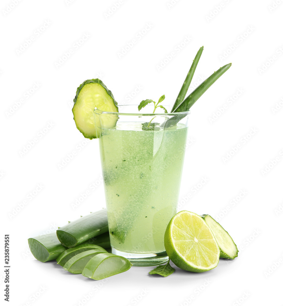 Glass of healthy aloe cocktail on white background