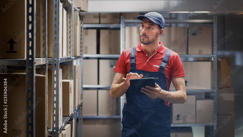 Warehouse Worker Uses Digital Tablet For Checking Stock, On the Shelves Standing Cardboard Boxes.