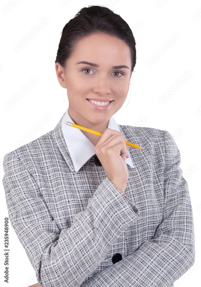 Friendly Young Businesswoman with Pencil - Isolated