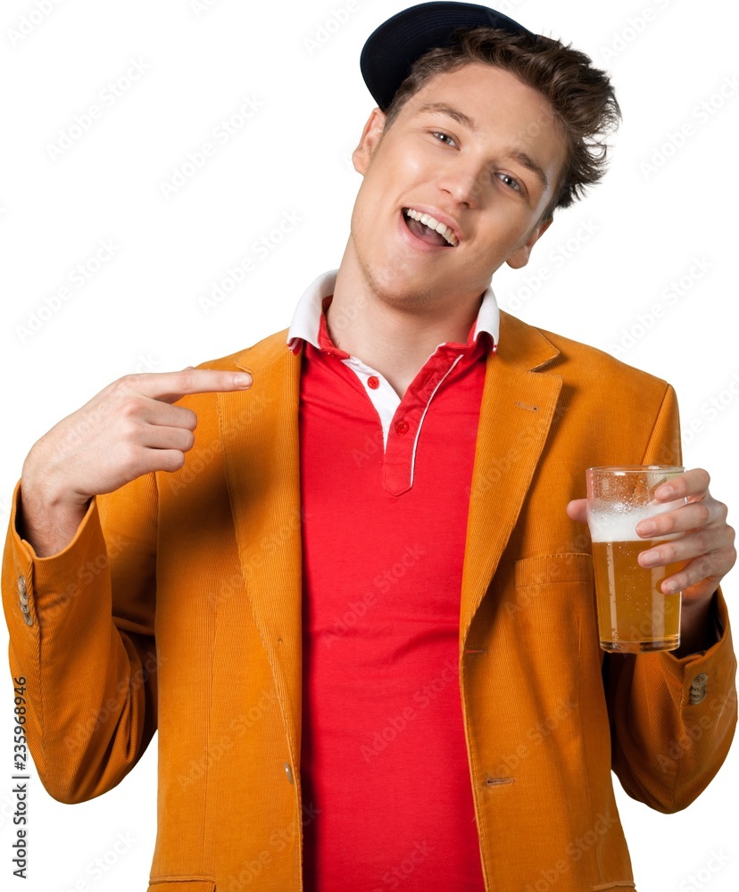 Happy Young Man with Beer Glass Isolated