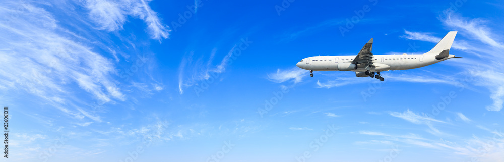 Airplane flying in the blue sky,panoramic view