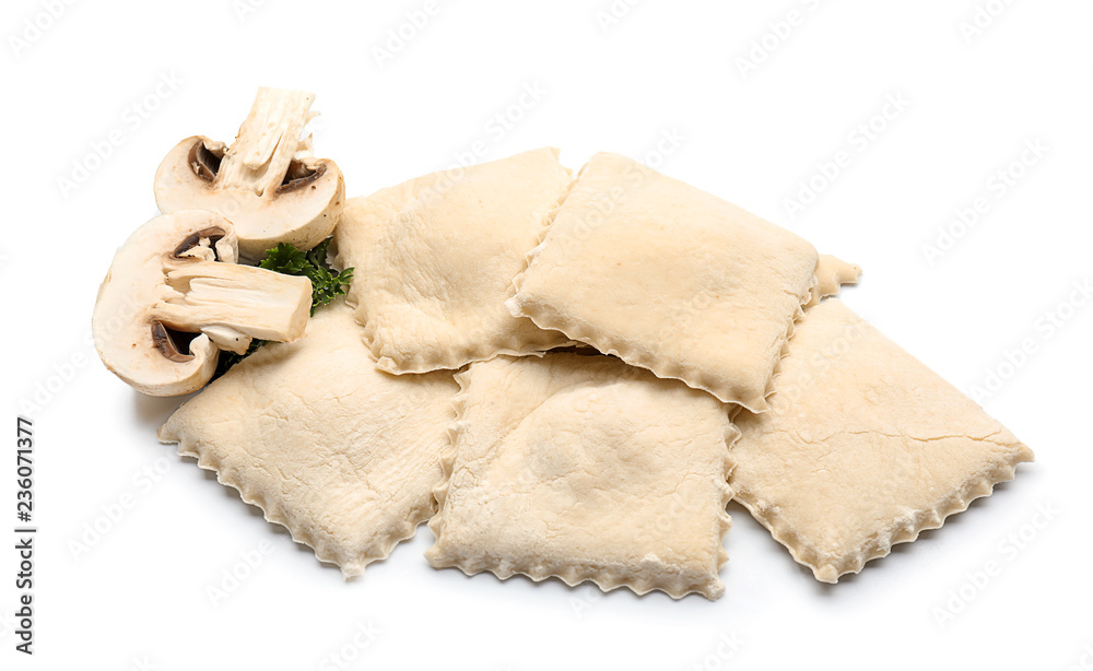 Tasty ravioli with mushrooms on white background