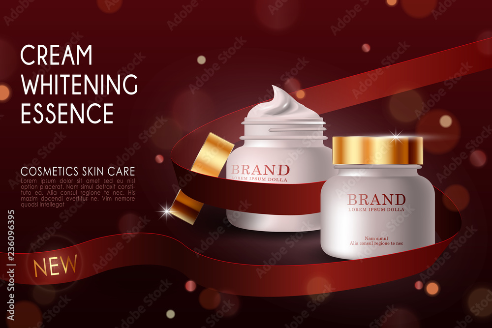 vector bottle cream essence mockup on red bokeh background, with your brand, ready for print ads or 