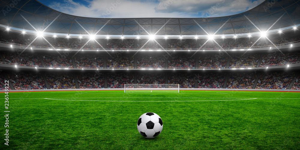 Soccer ball on green stadium