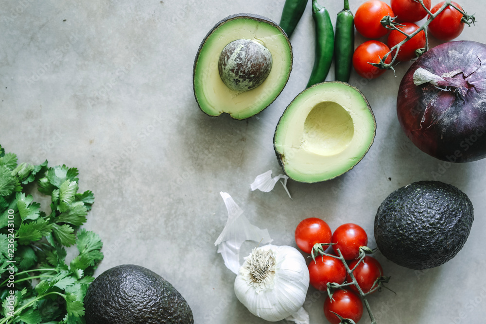 Ingredients for a fresh guacamole food photography recipe idea