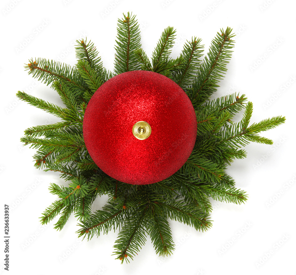 Christmas decoration baubles with branches of fir tree