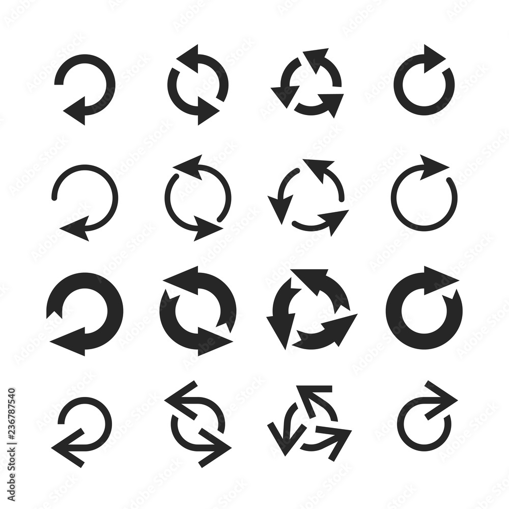 圆形箭头图标。圆形箭头、圆形指示符号和圆形按钮矢量图标集