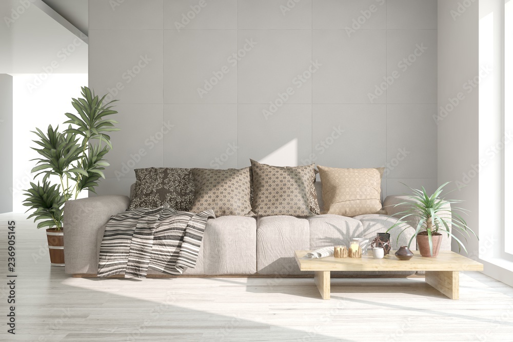 White modern room with sofa. Scandinavian interior design. 3D illustration