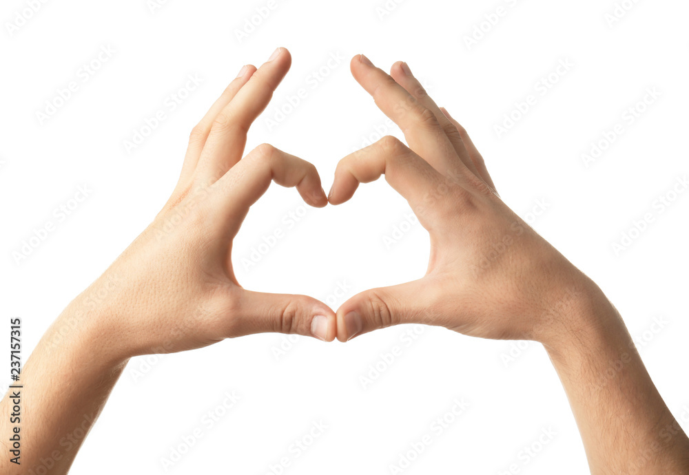 Man making heart with his hands on white background