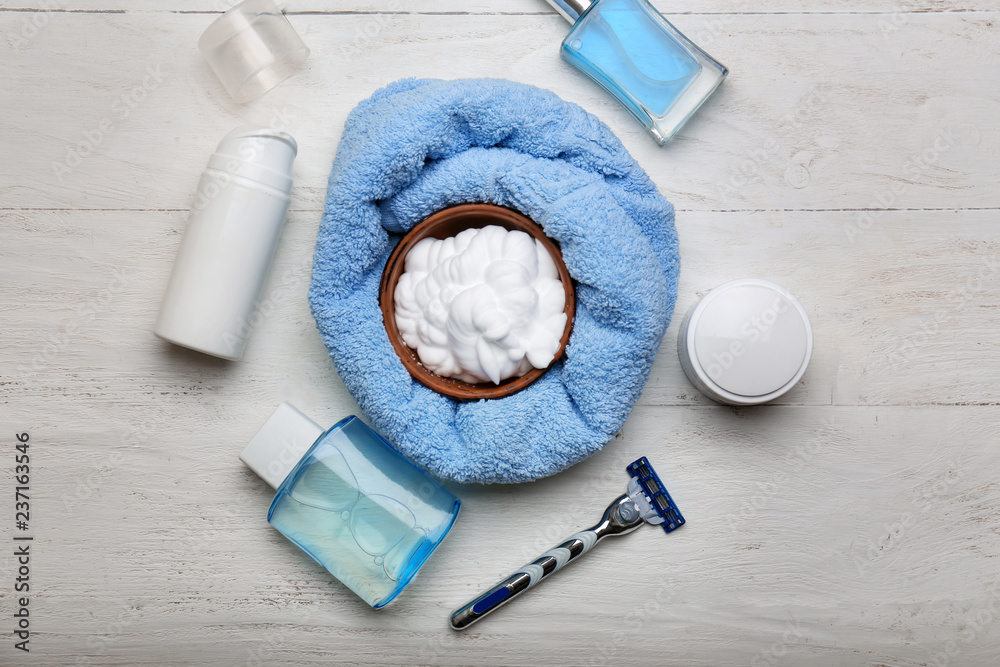 Shaving accessories on white wooden background, flat lay