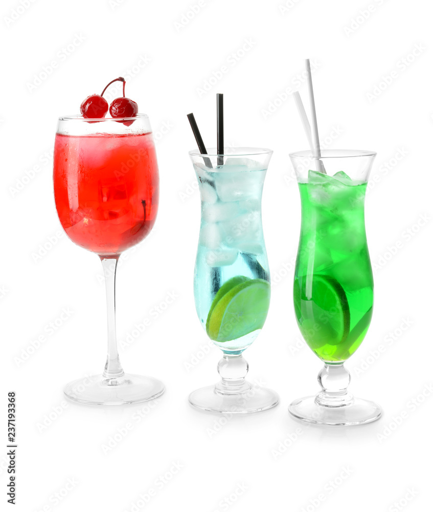 Tasty cocktails on white background