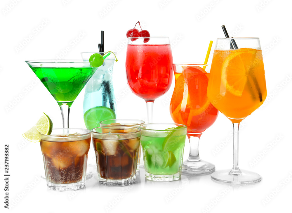 Tasty cocktails on white background