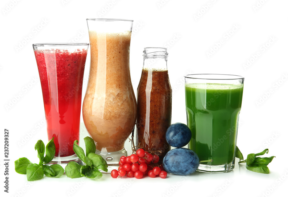 Colourful smoothies on white background