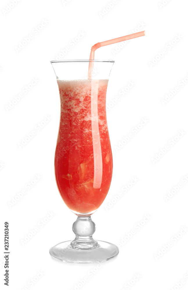 Glass of tasty fruit smoothie on white background