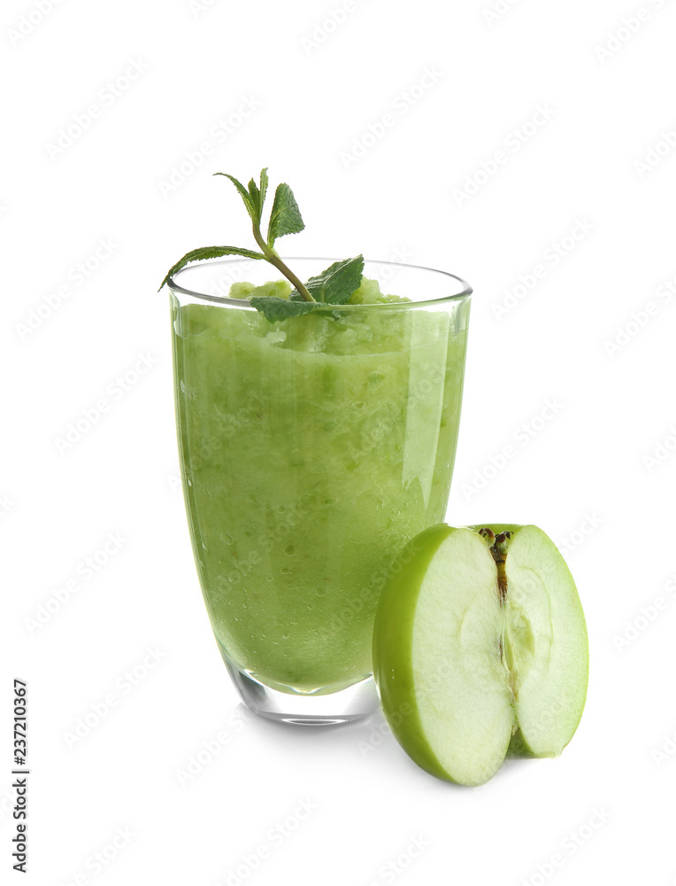 Glass of tasty apple smoothie on white background