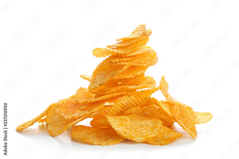 Tasty potato chips on white background