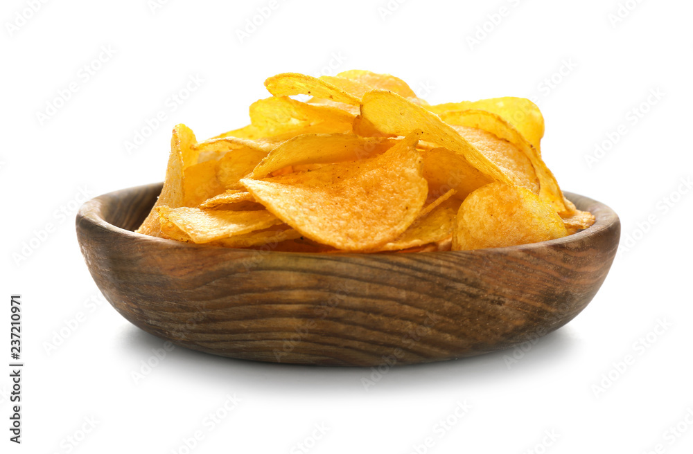 Bowl with tasty potato chips on white background