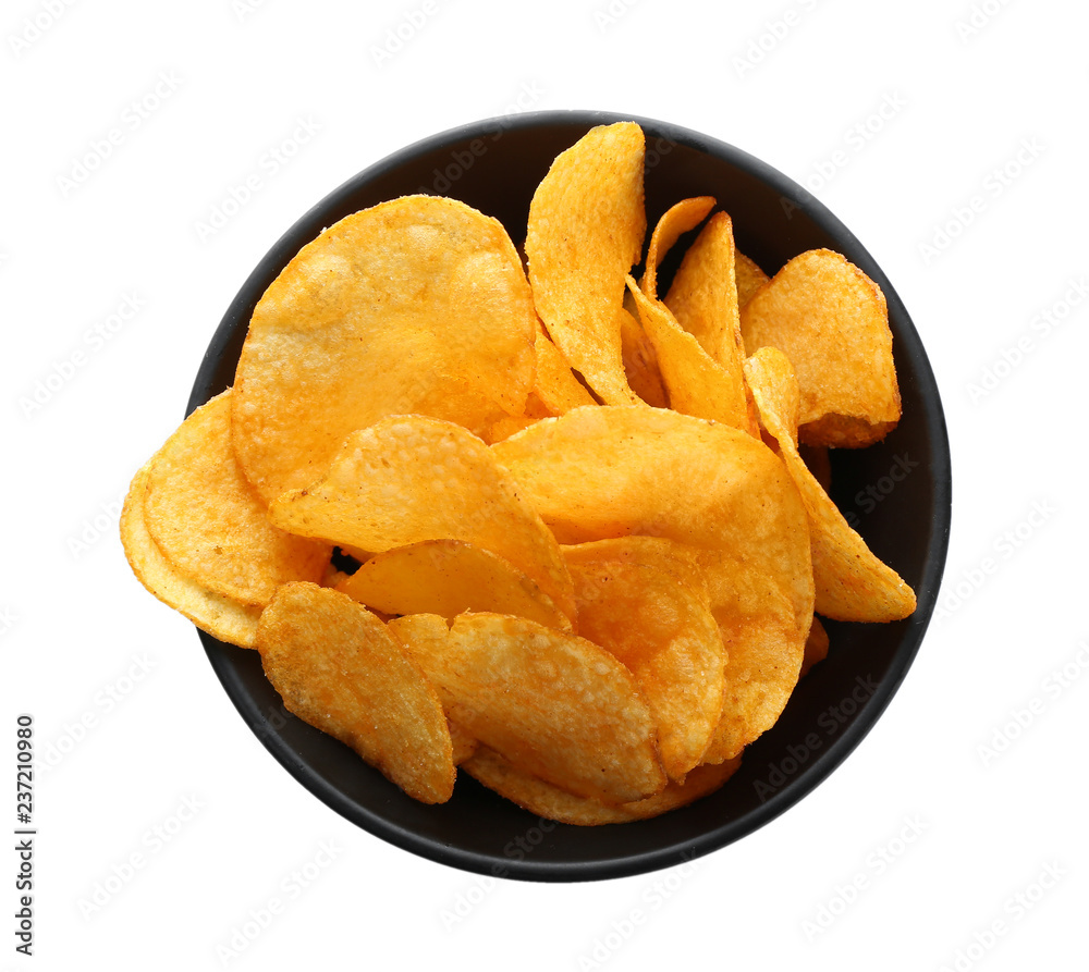 Bowl with tasty potato chips on white background