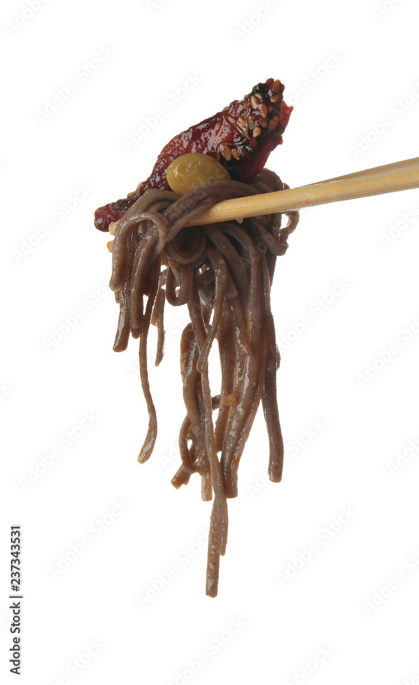 Chopsticks with tasty chinese noodles on white background