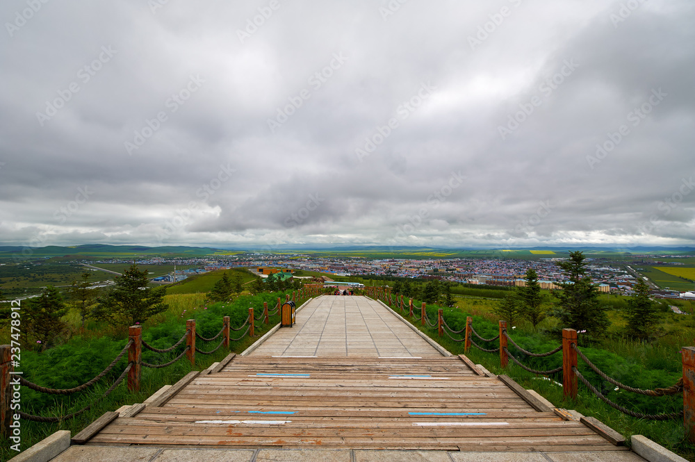 The wooden trestle in Argun wetland of Hulunbuir grassland.