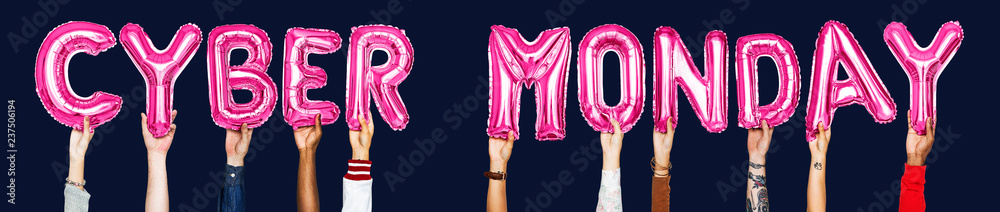 Hands holding cyber Monday word in balloon letters