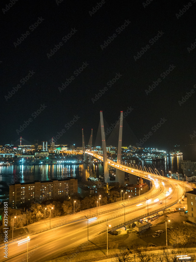 Zolotoy most或Golden Bridge，符拉迪沃斯托克，普里莫斯基地区，俄罗斯。夜城的灯光u