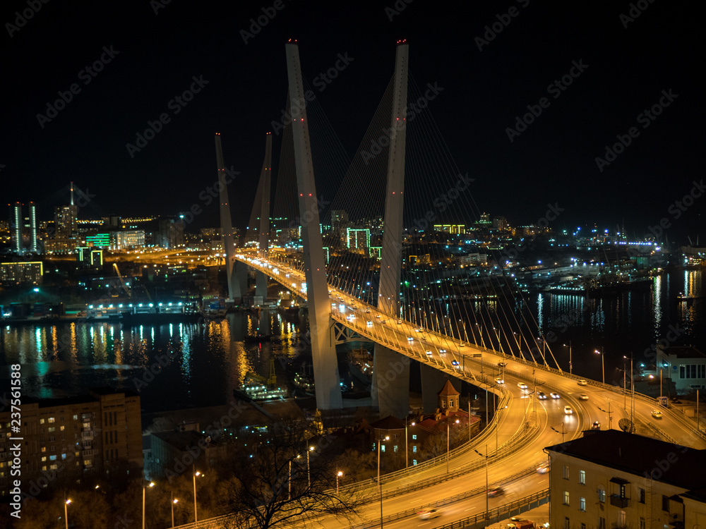 Zolotoy most或Golden Bridge，符拉迪沃斯托克，普里莫斯基地区，俄罗斯。夜城的灯光u