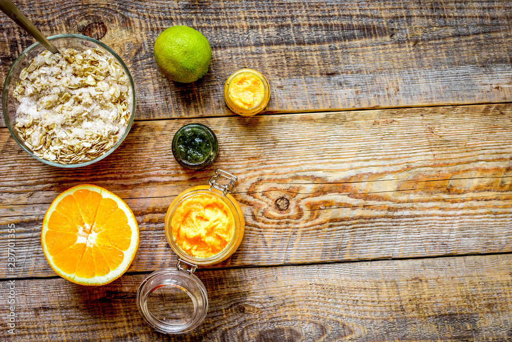 organic citrus scrub homemade on wooden background top view