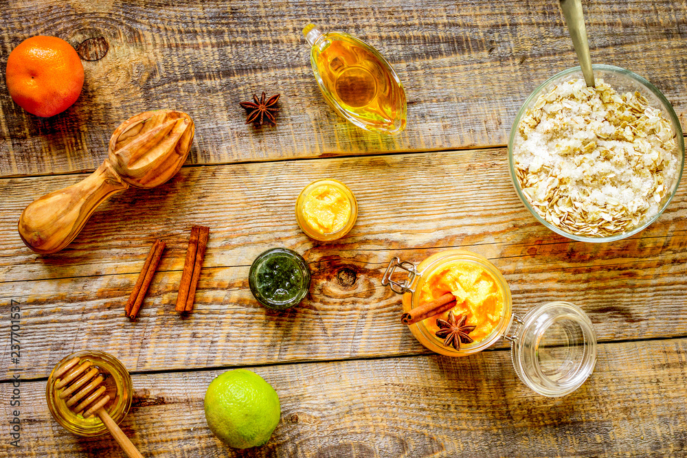 organic citrus scrub homemade on wooden background top view