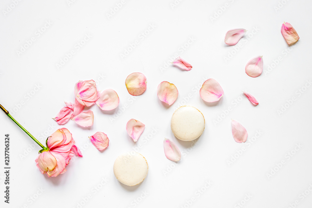 spring design with macaroons and flower in soft light top view