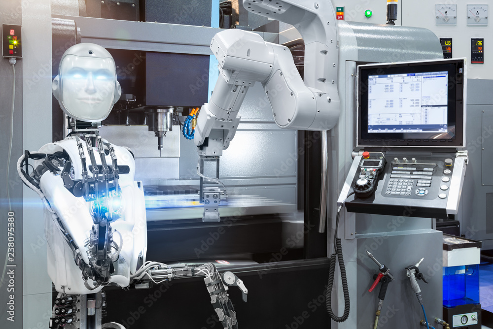 Humanoid robot control automatic robotic industrial with CNC machine in smart factory. Future techno