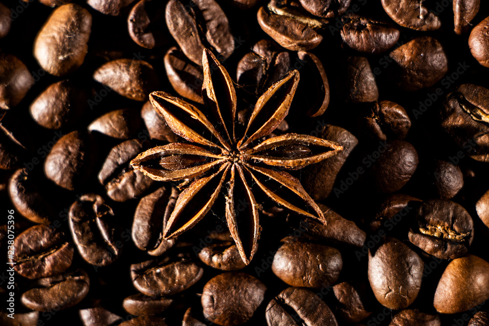 Coffee beans background with different spices: anise stars and cinnamon sticks. Christmas concept.