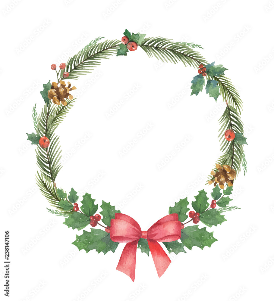 Watercolor vector Christmas wreath with green fir branches and red bow.