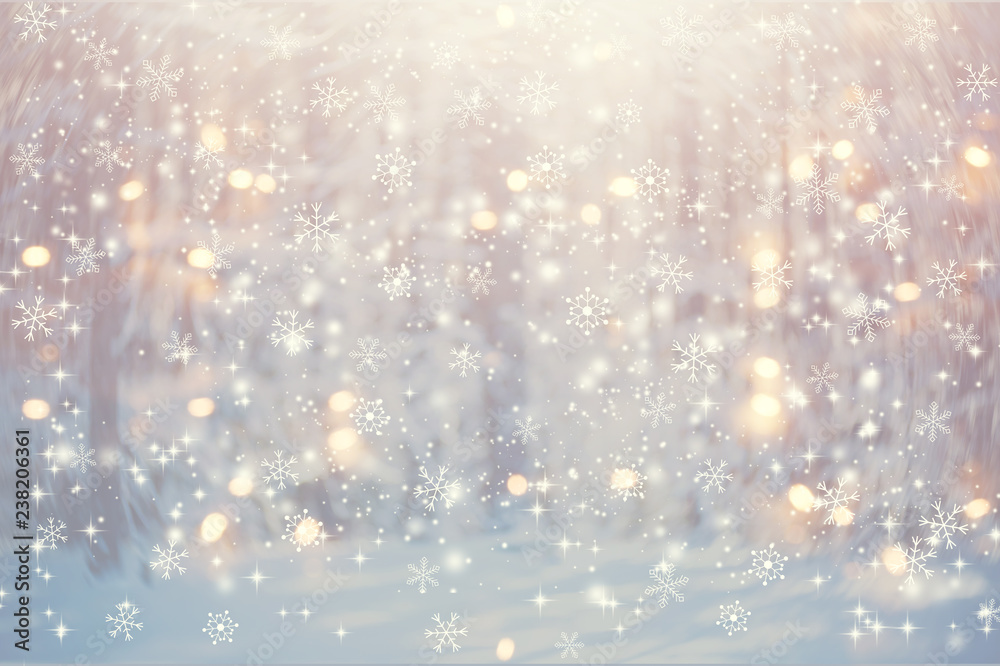 Beautiful snowy forest and abstract shiny light background