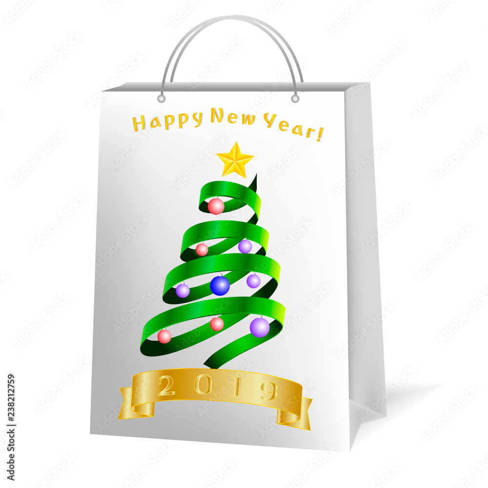 Gift or shopping bag with a Christmas tree and congratulations on the New Year 2019, isolated on a w