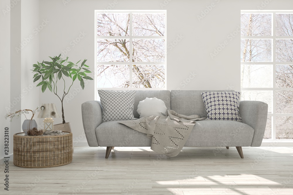 White room with sofa and winter landscape in window. Scandinavian interior design. 3D illustration