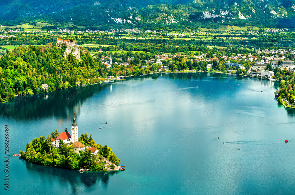 Aerial view of Lake Bled with the island in Slovenia