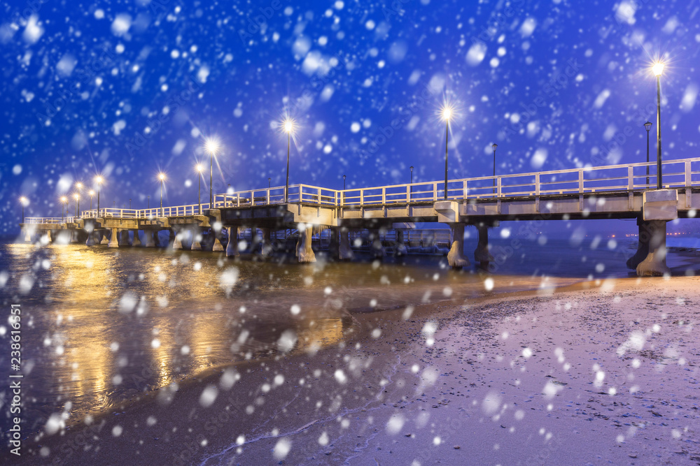 波兰，寒冷的冬夜，大雪纷飞，格但斯克的波罗的海码头